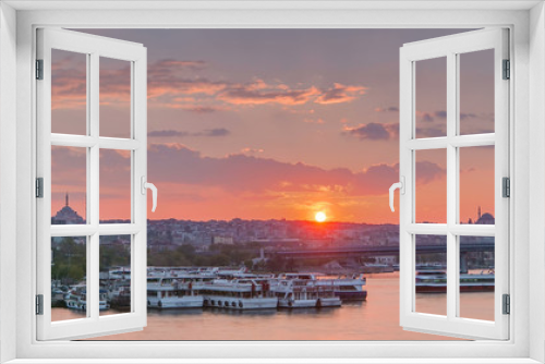 Fototapeta Naklejka Na Ścianę Okno 3D - Passenger Ferry in the Bosphorus at sunset timelapse, Istanbul skyline, Turkey