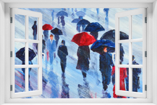 Fototapeta Naklejka Na Ścianę Okno 3D - Acrylic Painting of People walking in the rain with umbrellas 