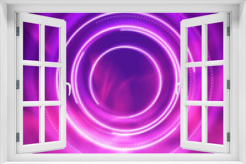 Fototapeta Naklejka Na Ścianę Okno 3D - Dark abstract futuristic background. The geometric shape of the cyber circle in the middle of the scene. Neon blue-pink rays of light on a dark background