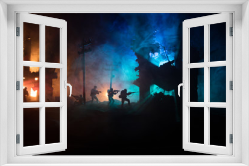 Fototapeta Naklejka Na Ścianę Okno 3D - War Concept. Military silhouettes fighting scene on war fog sky background, World War Soldiers Silhouette Below Cloudy Skyline At night.
