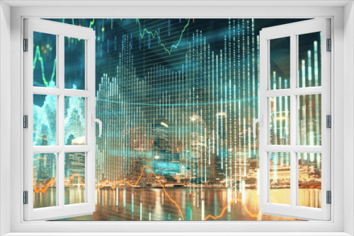 Fototapeta Naklejka Na Ścianę Okno 3D - Financial chart on city scape with tall buildings background multi exposure. Analysis concept.