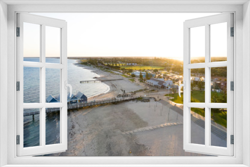 Fototapeta Naklejka Na Ścianę Okno 3D - Aerial sunrise view of the huts at the start of the Busselton Jetty; Busselton is located 220 km south west of Perth in Western Australia