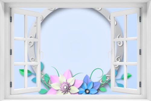 Fototapeta Naklejka Na Ścianę Okno 3D - Flowers paper cut with circle and copy space, Beautiful floral bouquet on blue grey background of paper art style ,vector or illustration with greeting card concept