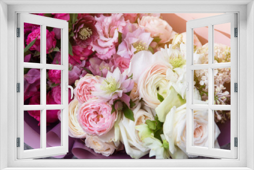 Fototapeta Naklejka Na Ścianę Okno 3D - Floral background, texture. Rich elegant wedding bouquet, flowers arrangement by florist with white and pink roses close up, macro	