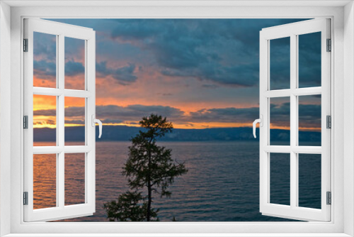 Panoramic views of the sunset over the lake Baikal.
