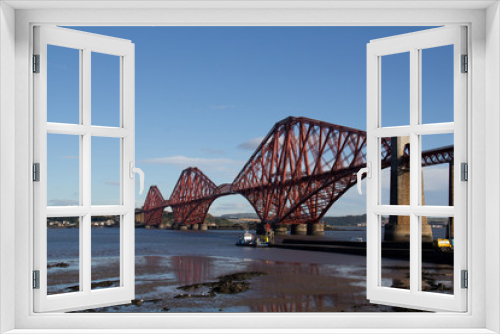 Fototapeta Naklejka Na Ścianę Okno 3D - red steel bridge over river 