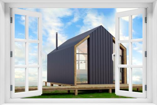 Fototapeta Naklejka Na Ścianę Okno 3D - Wooden secluded house in Scandinavian modern style with large Windows overlooking the lake, fireplace at sunset against a background of coniferous green forest and blue sky. 3D illustration