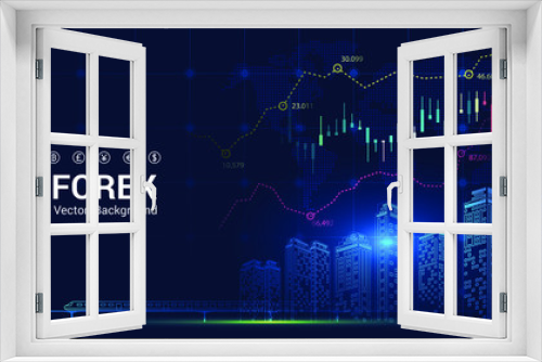Fototapeta Naklejka Na Ścianę Okno 3D - City background Financial graph on night city scape with tall buildings background double exposure. Economic growth graph chart. Vector illustration.