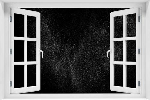 Fototapeta Naklejka Na Ścianę Okno 3D - White Grainy Texture Isolated on Black Background. Dust Overlay. Light Coloured Noise Granules. Snow Vector Elements. Digitally Generated Image. Illustration, Eps 10.