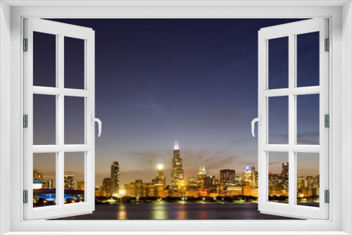 Fototapeta Naklejka Na Ścianę Okno 3D - Beautiful view of Chicago skyline with waterfront at night, Illinois, USA