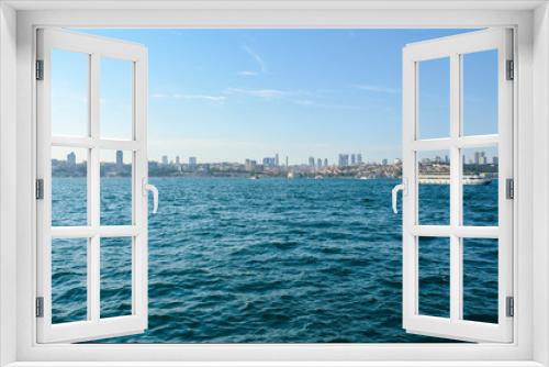 Fototapeta Naklejka Na Ścianę Okno 3D - Ships going on sea. Istanbul cityscape from the Bosphorus during warm summer day. Travel to Turkey and a sea cruise around the city. Panorama of the city from the sea.