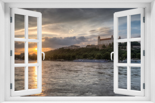 Fototapeta Naklejka Na Ścianę Okno 3D - Colorful Sunset in the Flooded City with the Castle on the Hill and Ships on the River