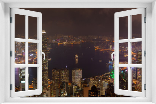 Fototapeta Naklejka Na Ścianę Okno 3D - Cityscape buildings illumination reflected in Hong Kong bay