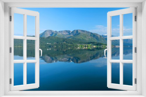 Fototapeta Naklejka Na Ścianę Okno 3D - Norway - mountain sea view with reflection in summer. Norwegian fjords panoramic picturesque landscape.