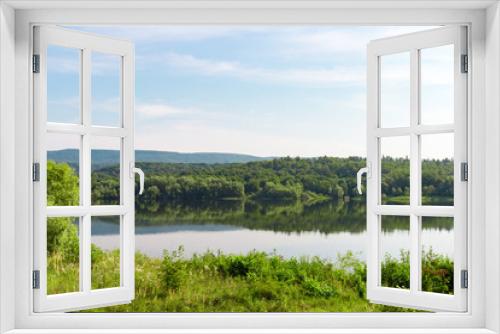 Fototapeta Naklejka Na Ścianę Okno 3D - Natural view on a rural pond and a green forest. Clear blue sky background