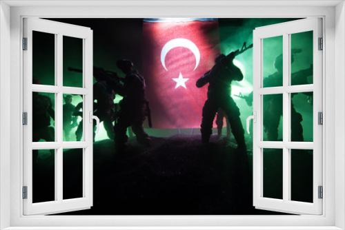Fototapeta Naklejka Na Ścianę Okno 3D - Silhouette of soldier with rifle against a turkish flag. Selective focus