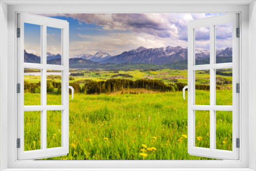 Fototapeta Naklejka Na Ścianę Okno 3D - panoramic landscape with meadow and lake in front of alps mountains
