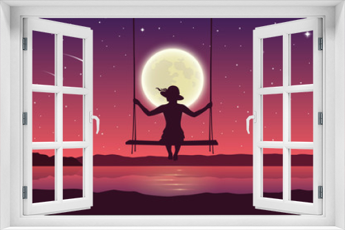 Fototapeta Naklejka Na Ścianę Okno 3D - girl on a swing by the lake with full moon and falling stars vector illustration EPS10