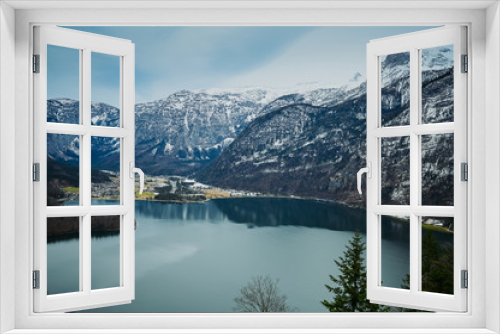 Fototapeta Naklejka Na Ścianę Okno 3D - Top view from the observation deck of famous Hallstatt mountain village and alpine lake, landscape panorama, Austrian Alps, Austria. Unesco. Salzkammergut region