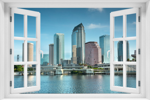 Downtown city skyline view of Tampa Florida USA looking over the Hillsborough Bay and the Riverwalk