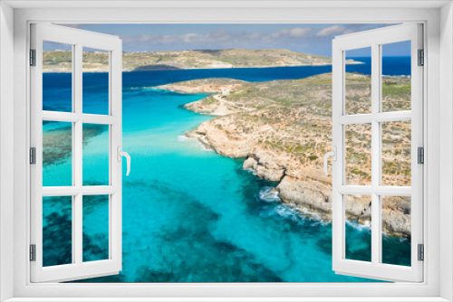 Fototapeta Naklejka Na Ścianę Okno 3D - Aerial drone photo - The famous Blue Lagoon in the Mediterranean Sea. Comino Island, Malta.
