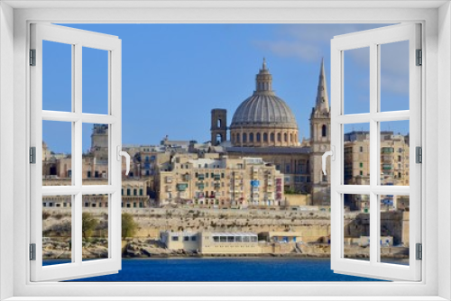 Fototapeta Naklejka Na Ścianę Okno 3D - The medieval limestone city of Valletta with its main symbols - bell tower of St Paul Pro-Cathedral and large dome of Carmelite church, Malta