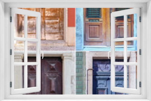 Fototapeta Naklejka Na Ścianę Okno 3D - four old weathered wooden doors with wooden decorations in the historic part of Lisbon