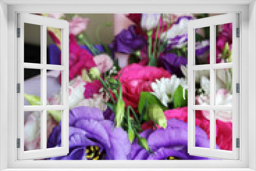 Fototapeta Naklejka Na Ścianę Okno 3D - Beautiful large solemn bouquet in lilac pink tones. The bouquet consists of roses, pink gladioli, purple eustoma, white chrysanthemum and wrap in lilac paper and foamiran.