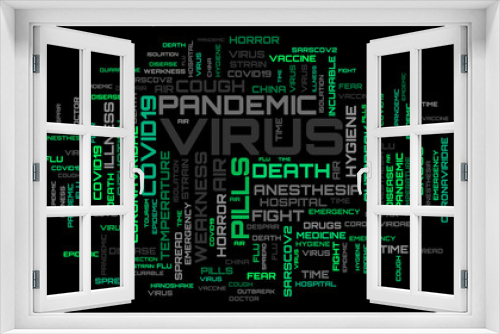 Virus green word cloud concept on black background. COVID-19 topic illustration
