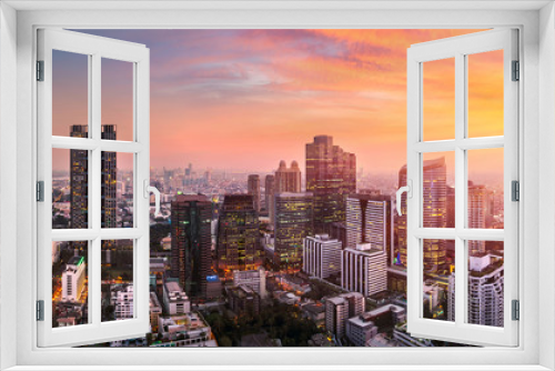 Fototapeta Naklejka Na Ścianę Okno 3D - sunset rooftop view bangkok city office buildings tower, hotel and living, condominium in bangkok city skyline top view Downtown and business office bank financial in capital city of thailand asian