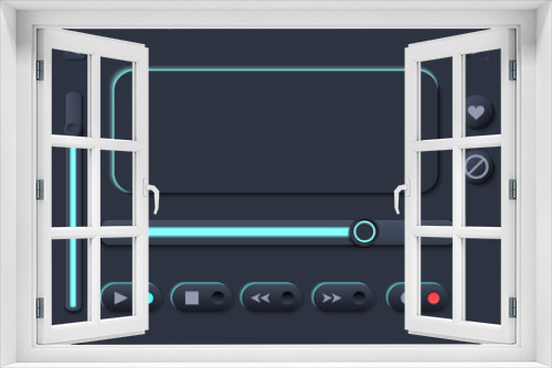 Neumorph UI Player kit with buttons and slider and switches. Dark set. Workflow Control and navigation elements in Skeuomorph Trend. Design for smart technology applications. Vector illustration.