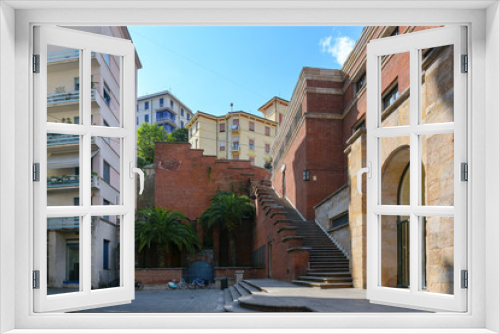 Fototapeta Naklejka Na Ścianę Okno 3D - Empty street and staircase during coronavirus crisis in the old town center of La Spezia, capital city in Liguria, Italy