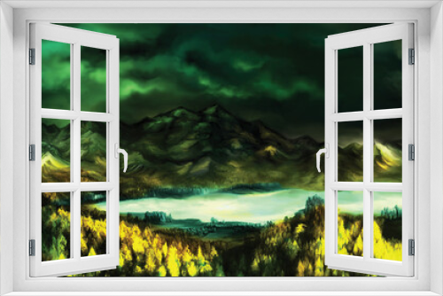 Fototapeta Naklejka Na Ścianę Okno 3D - Medieval fantasy landscape banner/ Atmospheric view with a lake, castle, forest, mountains, skies. Digital painting