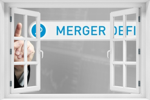 Merger Deficit. Man in a suit points a finger at a search box. The word Merger Deficit is in the search. Symbol for business, finance, statistics, analysis, economy