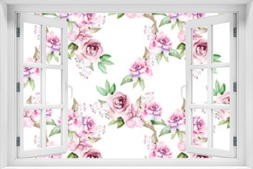 Fototapeta Naklejka Na Ścianę Okno 3D - vintage hand drawn watercolor drawing pink roses flowers, leaves in the garden on a seamless white background for use in design, textiles, wallpaper, wrapping paper, stationery, scrapbooking