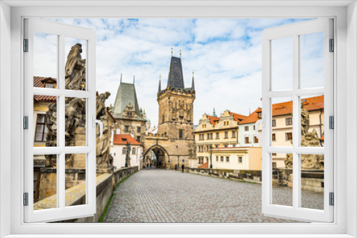 Prague, Czech republic - March 19, 2020. Charles Bridge without tourist during Covid-19 travel ban