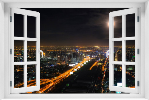 Fototapeta Naklejka Na Ścianę Okno 3D - Cityscape Bangkok downtown at night, from the top of tower BAIYOKE Sky, 