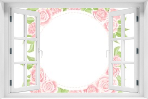 Fototapeta Naklejka Na Ścianę Okno 3D - Pink cream rose frame in the shape of circle, hand draw vector illustration