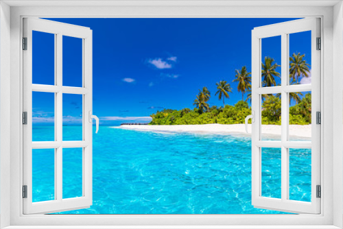 Fototapeta Naklejka Na Ścianę Okno 3D - Summer beach landscape. Tropical island view, palm trees and amazing blue sea. Amazing beach scenery, white sand, exotic travel destination. Maldives beach landscape, idyllic landscape