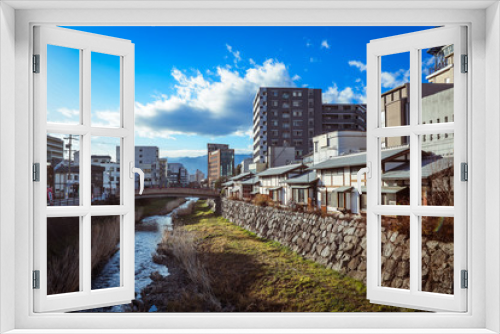Fototapeta Naklejka Na Ścianę Okno 3D - Yudanaka, Japan - January 05, 2020:  View to the mount River in the Small Station City near Nagano