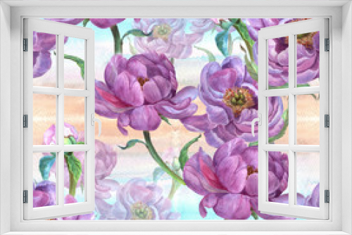 Fototapeta Naklejka Na Ścianę Okno 3D - Flowers of peonies on the background of watercolor. Seamless pattern. Watercolor. Collage of flowers and leaves. Use printed materials, signs, objects, websites, maps.