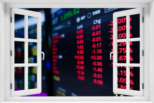 Stock market trading graph and candlestick chart on screen monitor background. Financial investment and economic concept.