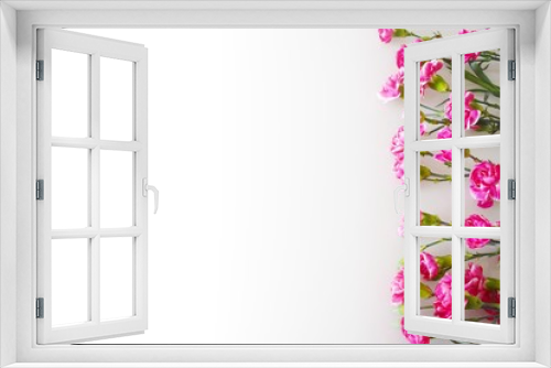 Fototapeta Naklejka Na Ścianę Okno 3D - Сard with pink carnations. Arrangement of red flowers on a white background. Top view, place for text (copy space). Backdrop for mother's day, valentine's day, wedding. Decorative floral frame, border