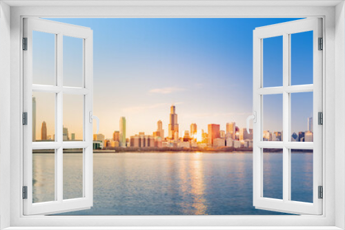 Fototapeta Naklejka Na Ścianę Okno 3D - Panorama Chicago downtown skyline sunset Lake Michigan with most Iconic building from Adler Planetarium, Illinois