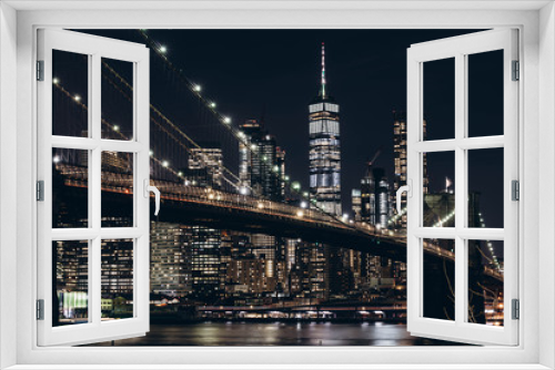 Fototapeta Naklejka Na Ścianę Okno 3D - New York City skyline night view. Brooklyn bridge night view. World Trade Center night view. 