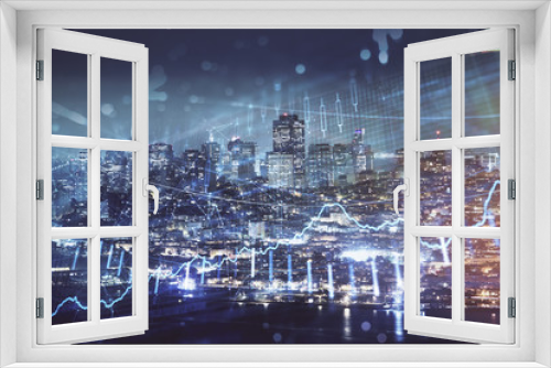 Fototapeta Naklejka Na Ścianę Okno 3D - Financial graph on night city scape with tall buildings background double exposure. Analysis concept.