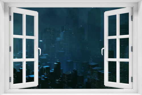 Fototapeta Naklejka Na Ścianę Okno 3D - 3D Rendering of futuristic virtual sci fi city. Many high sky scrapper building towers.  Concept for night life, business vision, technology product 