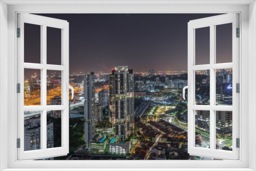 Fototapeta Naklejka Na Ścianę Okno 3D - City skyline with commercial port of Singapore aerial night timelapse.