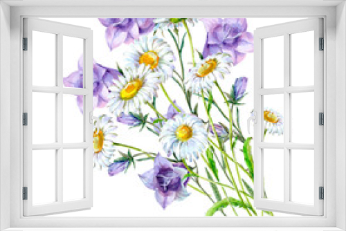 Fototapeta Naklejka Na Ścianę Okno 3D - Watercolor meadow flowers lily and bellflowers on  white background. Floral  pattern.