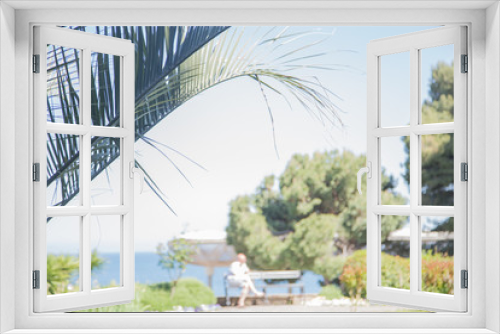 Fototapeta Naklejka Na Ścianę Okno 3D - an elderly man sits on a bench in a park near the sea, flowers and palm trees grow around